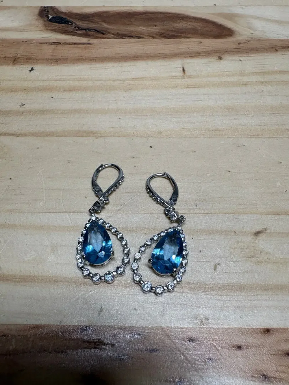 Blue Rhinestone Teardrop Dangle Leverback Earrings